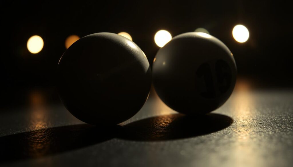 A close-up shot of two lottery balls resting on a dark, textured surface, creating an atmospheric and moody scene. The balls are illuminated from the side, casting dramatic shadows and highlights that accentuate their spherical forms. The background is blurred, keeping the focus on the central objects. The lighting and composition evoke a sense of anticipation and the allure of chance, reflecting the excitement and importance of the "lo de" (lottery numbers) that often appear together. A close-up shot of two lottery balls resting on a dark, textured surface, creating an atmospheric and moody scene. The balls are illuminated from the side, casting dramatic shadows and highlights that accentuate their spherical forms. The background is blurred, keeping the focus on the central objects. The lighting and composition evoke a sense of anticipation and the allure of chance, reflecting the excitement and importance of the "lo de" (lottery numbers) that often appear together.