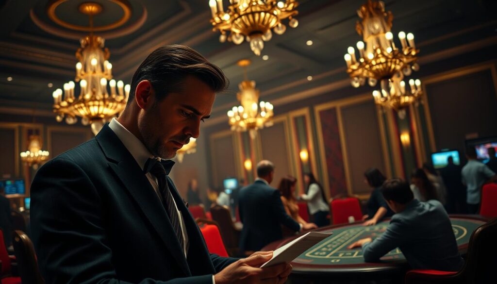 A dimly lit, elegant casino interior with ornate chandeliers and plush, red velvet furnishings. In the foreground, a well-dressed man intently studying a sheet of numbers, his expression focused and contemplative. In the middle ground, a group of people gathered around a gaming table, their faces alight with excitement as they eagerly place their bets. The background is hazy, conveying a sense of anticipation and the thrill of the game. The lighting is warm and subdued, creating an atmosphere of mystery and intrigue. The scene is captured with a cinematic, wide-angle lens, emphasizing the grandeur and drama of the setting. A dimly lit, elegant casino interior with ornate chandeliers and plush, red velvet furnishings. In the foreground, a well-dressed man intently studying a sheet of numbers, his expression focused and contemplative. In the middle ground, a group of people gathered around a gaming table, their faces alight with excitement as they eagerly place their bets. The background is hazy, conveying a sense of anticipation and the thrill of the game. The lighting is warm and subdued, creating an atmosphere of mystery and intrigue. The scene is captured with a cinematic, wide-angle lens, emphasizing the grandeur and drama of the setting.