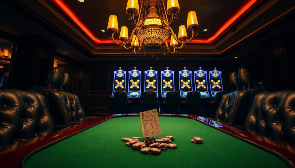 A dimly lit, elegant casino interior with plush leather armchairs and a polished mahogany table. The table is adorned with a green felt surface, poker chips, and a single, solitary lottery ticket floating in the center. Overhead, a chandelier casts a warm, golden glow, illuminating the scene. In the background, a row of slot machines stand silent, their screens flickering with tantalizing symbols. The atmosphere is one of anticipation and cautious optimism, as if the moment before a winning streak begins. The camera angle is slightly low, emphasizing the tension and importance of the moment. A dimly lit, elegant casino interior with plush leather armchairs and a polished mahogany table. The table is adorned with a green felt surface, poker chips, and a single, solitary lottery ticket floating in the center. Overhead, a chandelier casts a warm, golden glow, illuminating the scene. In the background, a row of slot machines stand silent, their screens flickering with tantalizing symbols. The atmosphere is one of anticipation and cautious optimism, as if the moment before a winning streak begins. The camera angle is slightly low, emphasizing the tension and importance of the moment.