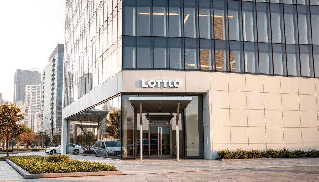 A modern, minimalist office building with a sleek, contemporary facade. The structure is made of glass and steel, with clean lines and a neutral color palette. The entrance is prominently featured, with a large, inviting doorway and a small, well-manicured landscaping area in the foreground. The middle ground showcases the building's exterior, with well-placed windows and a subtle, yet sophisticated signage. The background features a cityscape, with other high-rise buildings in the distance, creating a sense of urban sophistication. The lighting is soft and natural, casting a warm glow on the scene. The overall mood is one of professionalism, reliability, and trustworthiness, perfectly capturing the essence of a reputable online lottery provider. A modern, minimalist office building with a sleek, contemporary facade. The structure is made of glass and steel, with clean lines and a neutral color palette. The entrance is prominently featured, with a large, inviting doorway and a small, well-manicured landscaping area in the foreground. The middle ground showcases the building's exterior, with well-placed windows and a subtle, yet sophisticated signage. The background features a cityscape, with other high-rise buildings in the distance, creating a sense of urban sophistication. The lighting is soft and natural, casting a warm glow on the scene. The overall mood is one of professionalism, reliability, and trustworthiness, perfectly capturing the essence of a reputable online lottery provider.