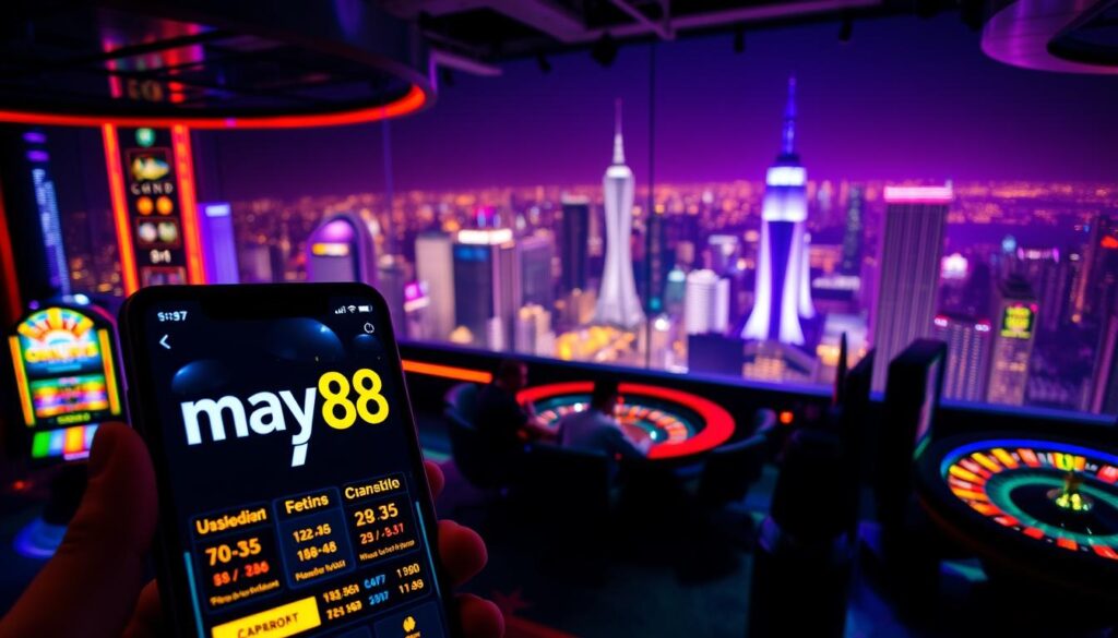 A neon-lit casino scene with high stakes gambling on a stylish online platform. In the foreground, a close-up of a sleek smartphone displaying the may88 logo and vibrant betting odds. The middle ground features a table with players intensely focused on their screens, surrounded by the glow of slot machines and roulette wheels. In the background, a panoramic view of a dazzling metropolitan skyline at night, reflecting the thrill and excitement of high-stakes online lotteries. Dramatic chiaroscuro lighting casts dramatic shadows, creating an atmosphere of anticipation and potential riches. The overall mood is one of modern, sophisticated gaming in a digital age. A neon-lit casino scene with high stakes gambling on a stylish online platform. In the foreground, a close-up of a sleek smartphone displaying the may88 logo and vibrant betting odds. The middle ground features a table with players intensely focused on their screens, surrounded by the glow of slot machines and roulette wheels. In the background, a panoramic view of a dazzling metropolitan skyline at night, reflecting the thrill and excitement of high-stakes online lotteries. Dramatic chiaroscuro lighting casts dramatic shadows, creating an atmosphere of anticipation and potential riches. The overall mood is one of modern, sophisticated gaming in a digital age.