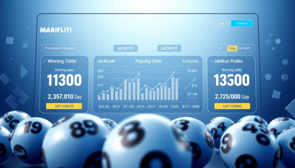 A sleek and modern online lottery platform, featuring a dynamic display of winning odds and jackpot amounts. The interface is clean and intuitive, with a sophisticated color palette of blues and grays, conveying a sense of trustworthiness and professionalism. The foreground showcases a realistic representation of lottery balls, conveyed through photorealistic rendering and careful attention to lighting and textures. The middle ground depicts stylized graphs and charts, highlighting the statistical probabilities and potential payouts. In the background, a subtle pattern of abstract shapes and geometric elements creates a sense of depth and visual interest, while maintaining a focused and uncluttered composition. The overall mood is one of anticipation and excitement, inviting the viewer to explore the potential rewards of online lottery play. A sleek and modern online lottery platform, featuring a dynamic display of winning odds and jackpot amounts. The interface is clean and intuitive, with a sophisticated color palette of blues and grays, conveying a sense of trustworthiness and professionalism. The foreground showcases a realistic representation of lottery balls, conveyed through photorealistic rendering and careful attention to lighting and textures. The middle ground depicts stylized graphs and charts, highlighting the statistical probabilities and potential payouts. In the background, a subtle pattern of abstract shapes and geometric elements creates a sense of depth and visual interest, while maintaining a focused and uncluttered composition. The overall mood is one of anticipation and excitement, inviting the viewer to explore the potential rewards of online lottery play.