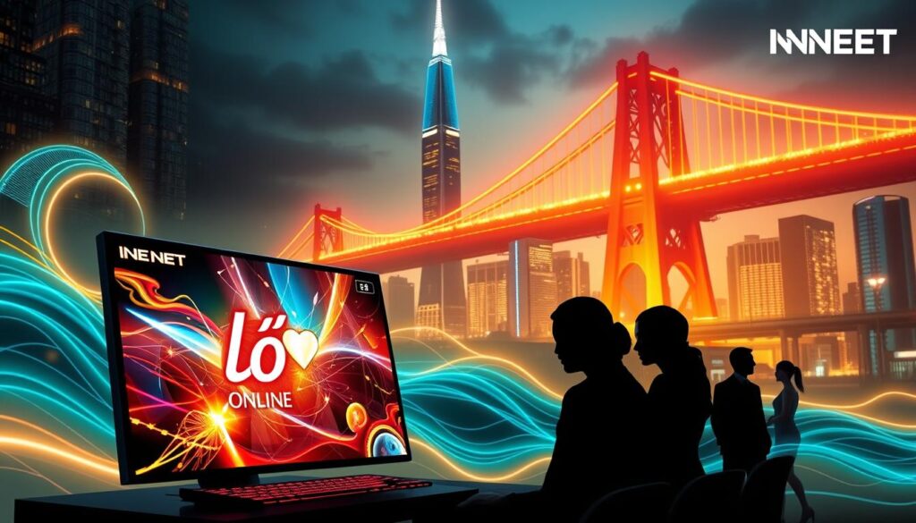 A sleek, modern online gambling platform set against a stylized backdrop of digital waves and glowing neon lights. In the foreground, a dynamic display showcases the thrilling lô đề online experience, with vibrant visuals and intuitive controls. The middle ground features elegant silhouettes of people deeply immersed in the excitement of the game, their faces illuminated by the screen's glow. In the background, a towering cityscape rises, its skyscrapers and bridges hinting at the grand scale of the INNET network. The overall atmosphere conveys a sense of technological sophistication, seamless connectivity, and the thrill of high-stakes gaming. A sleek, modern online gambling platform set against a stylized backdrop of digital waves and glowing neon lights. In the foreground, a dynamic display showcases the thrilling lô đề online experience, with vibrant visuals and intuitive controls. The middle ground features elegant silhouettes of people deeply immersed in the excitement of the game, their faces illuminated by the screen's glow. In the background, a towering cityscape rises, its skyscrapers and bridges hinting at the grand scale of the INNET network. The overall atmosphere conveys a sense of technological sophistication, seamless connectivity, and the thrill of high-stakes gaming.